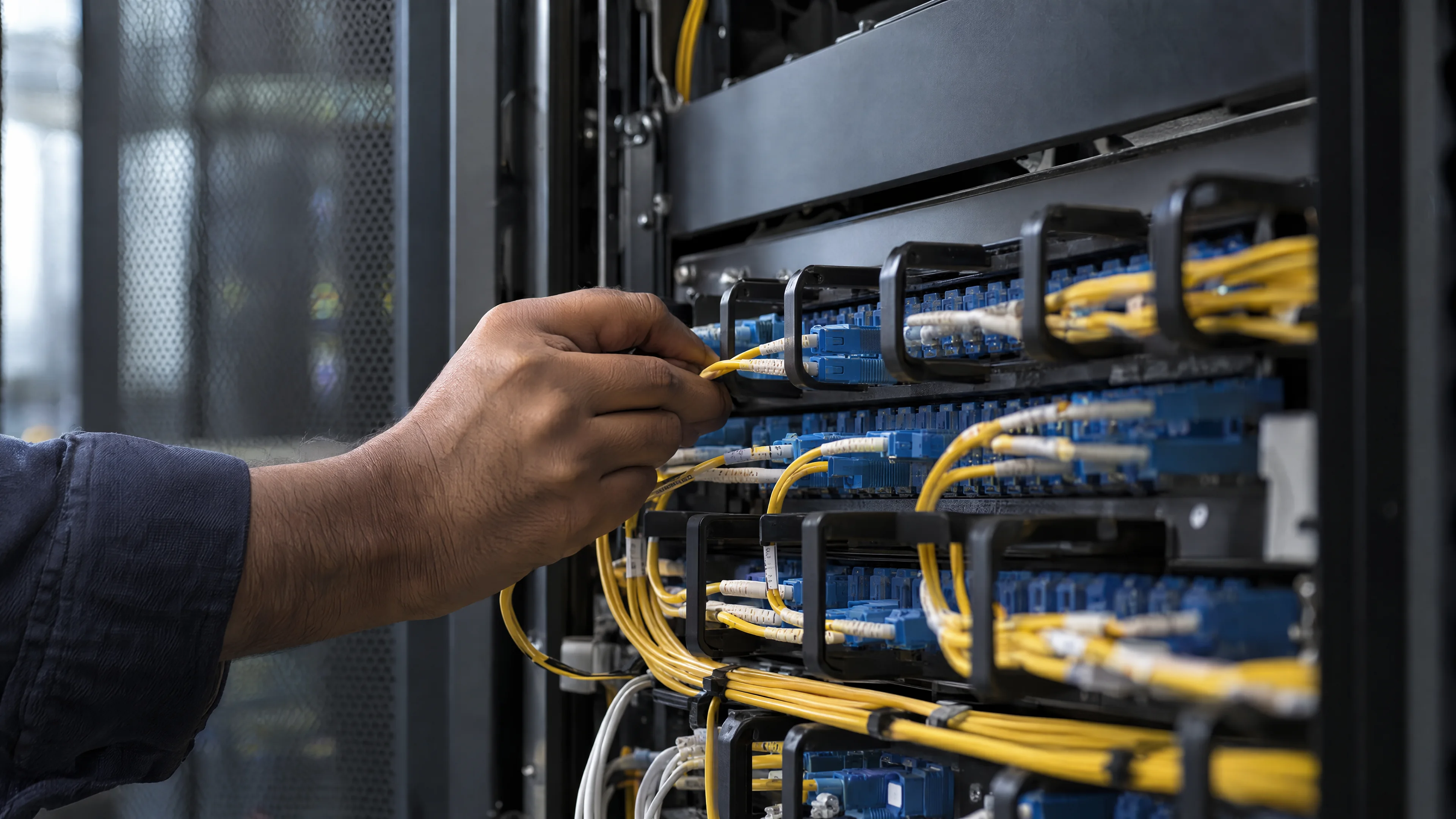 Fibre connections arranged in a network patch panel.