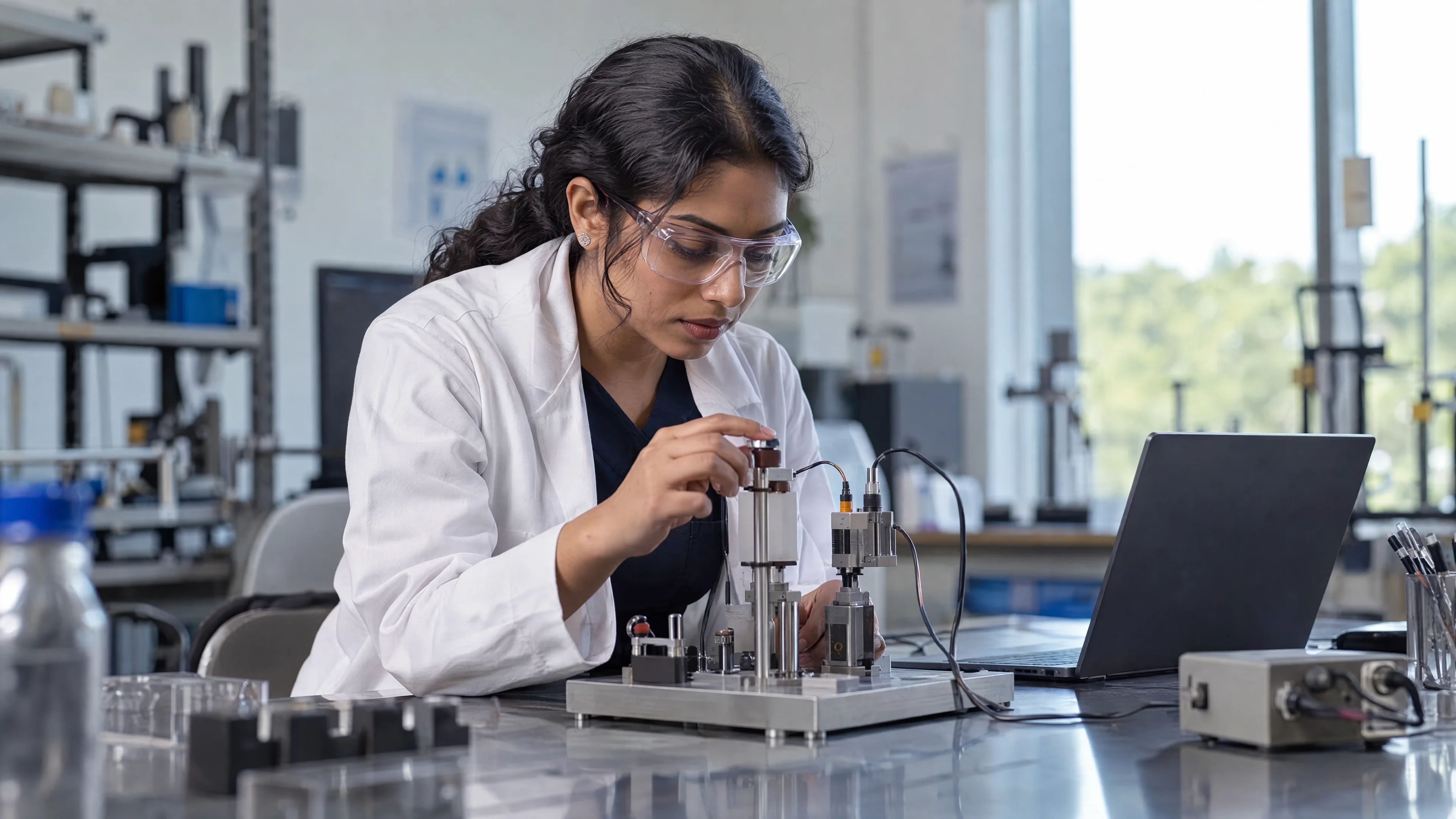 Research specialist testing sensors beside a laptop.