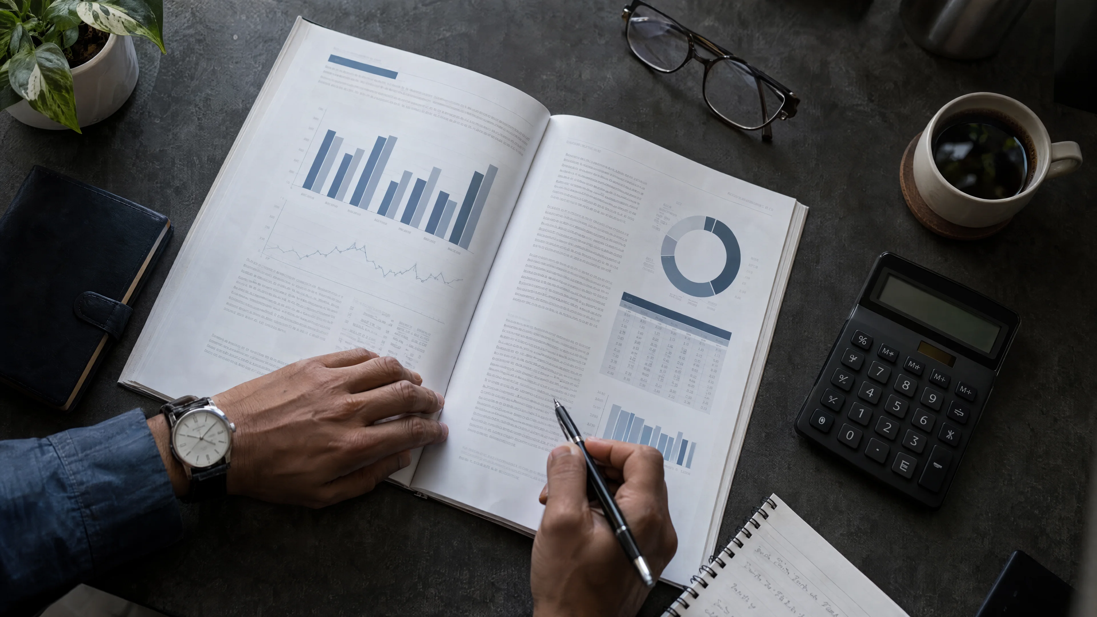 Financial report, calculator and notebook on a work surface.