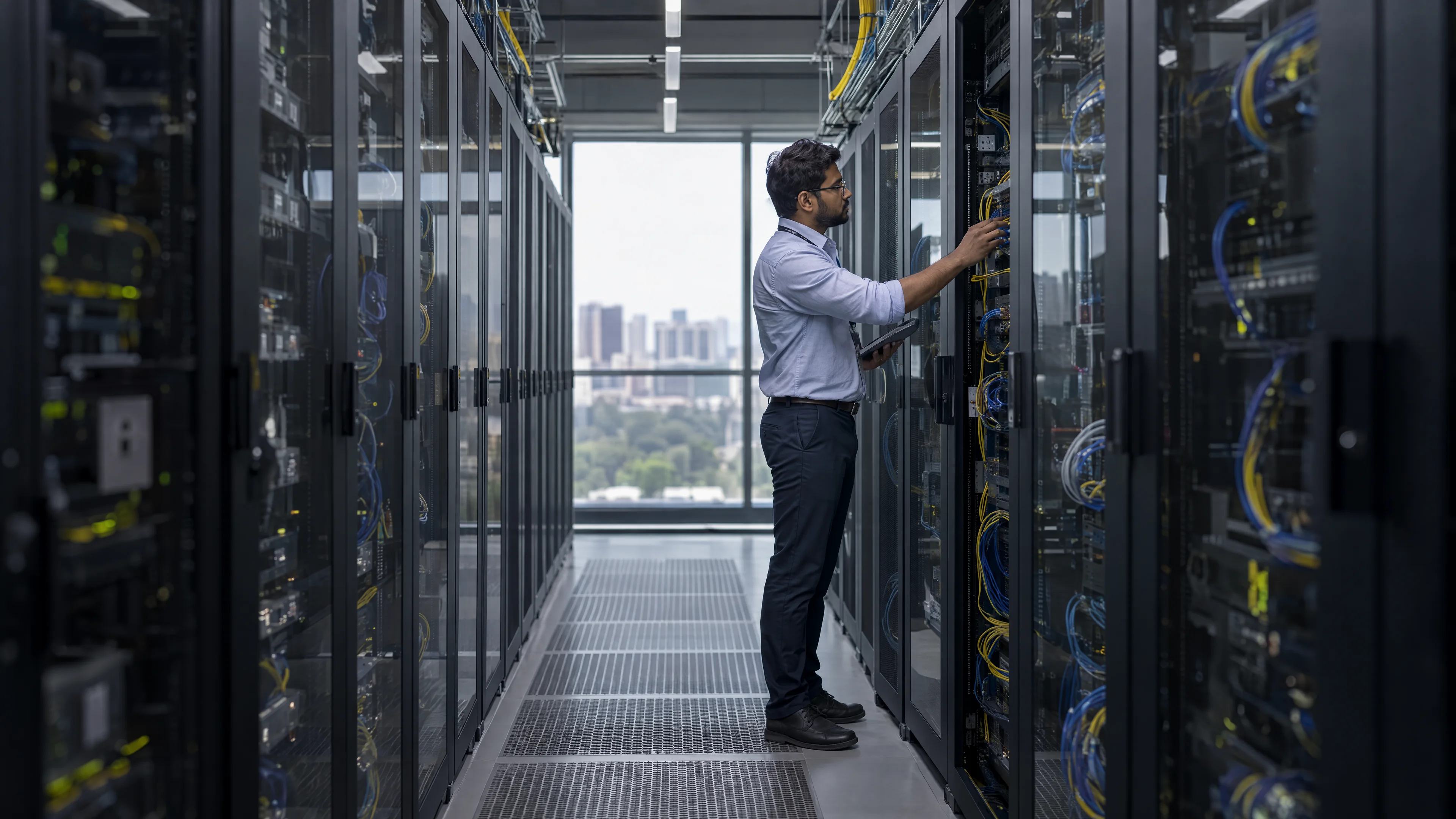 Engineer inspecting server racks in a data centre.