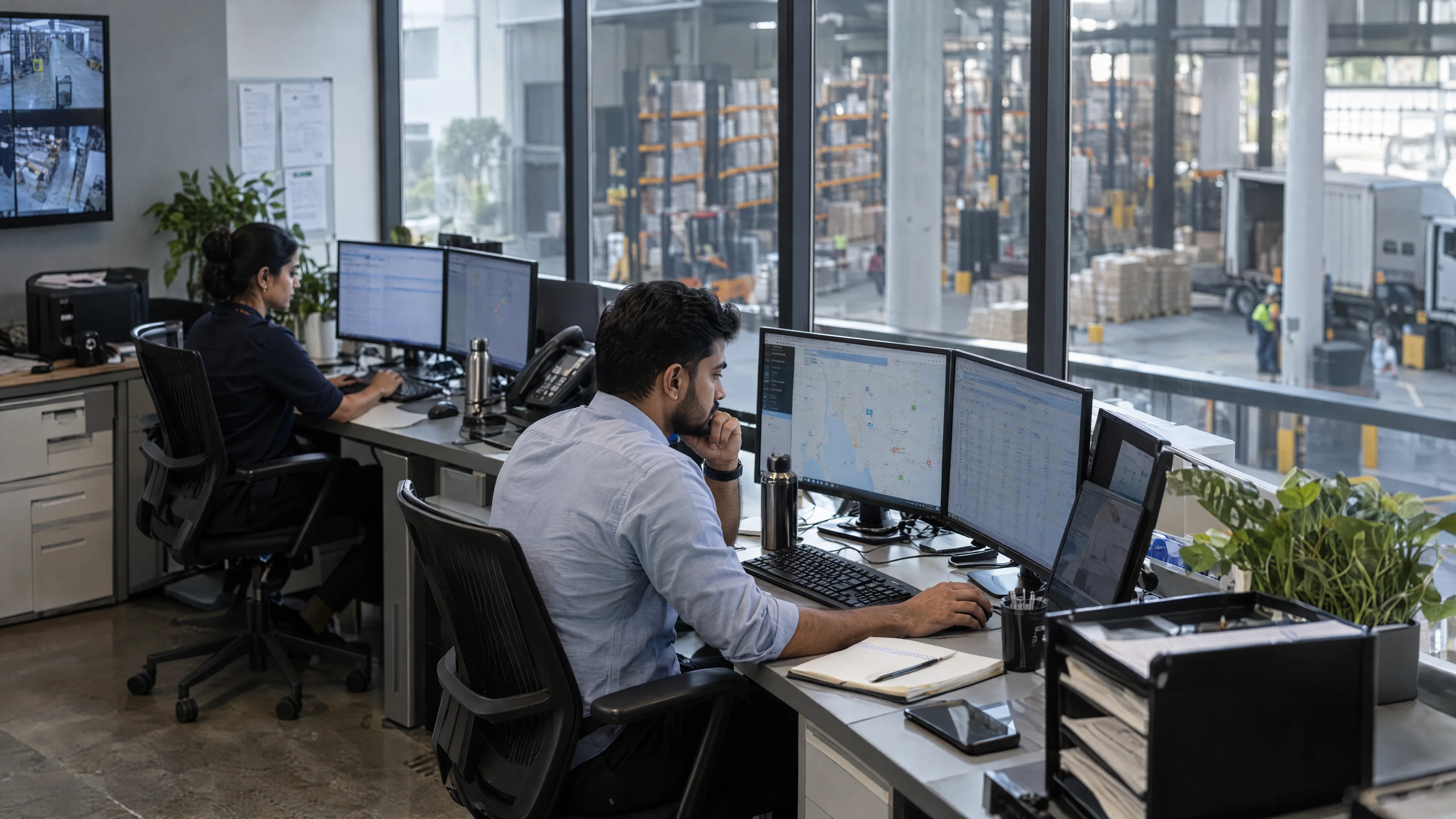 Operations specialists working in a logistics control room overlooking a warehouse.