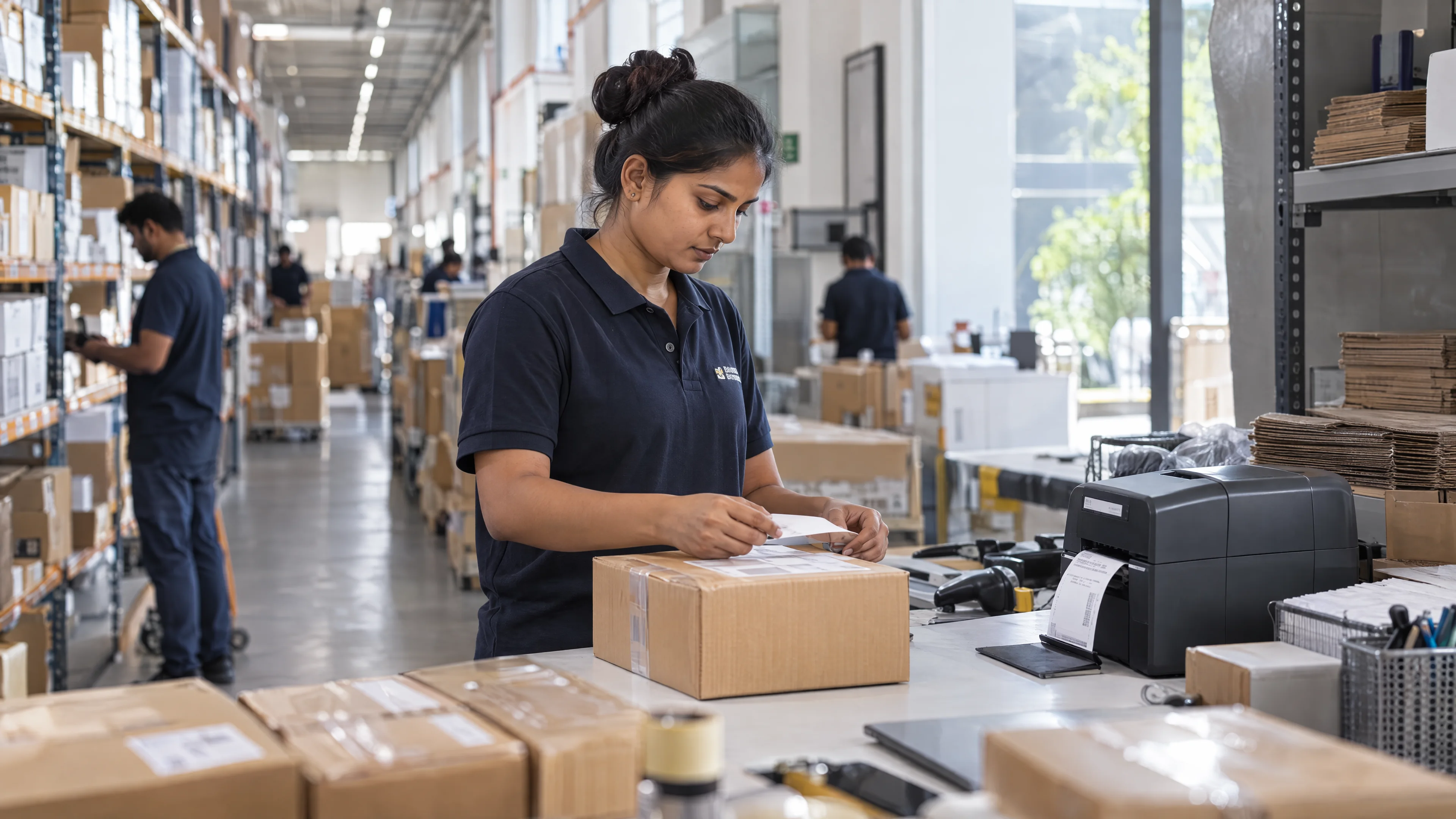Warehouse worker checking a shipment at a packing station.