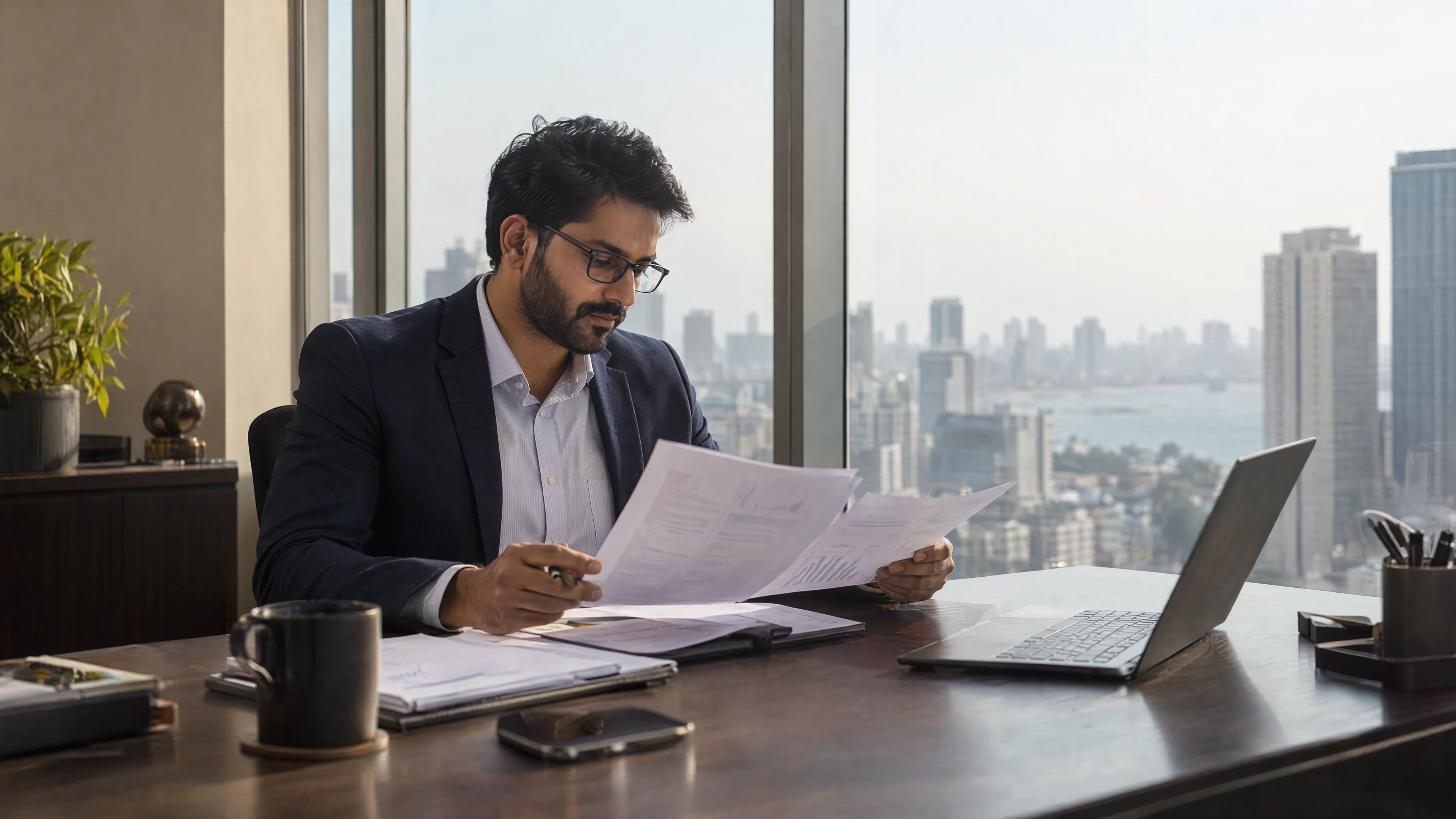 Financial analyst comparing documents beside an office window.