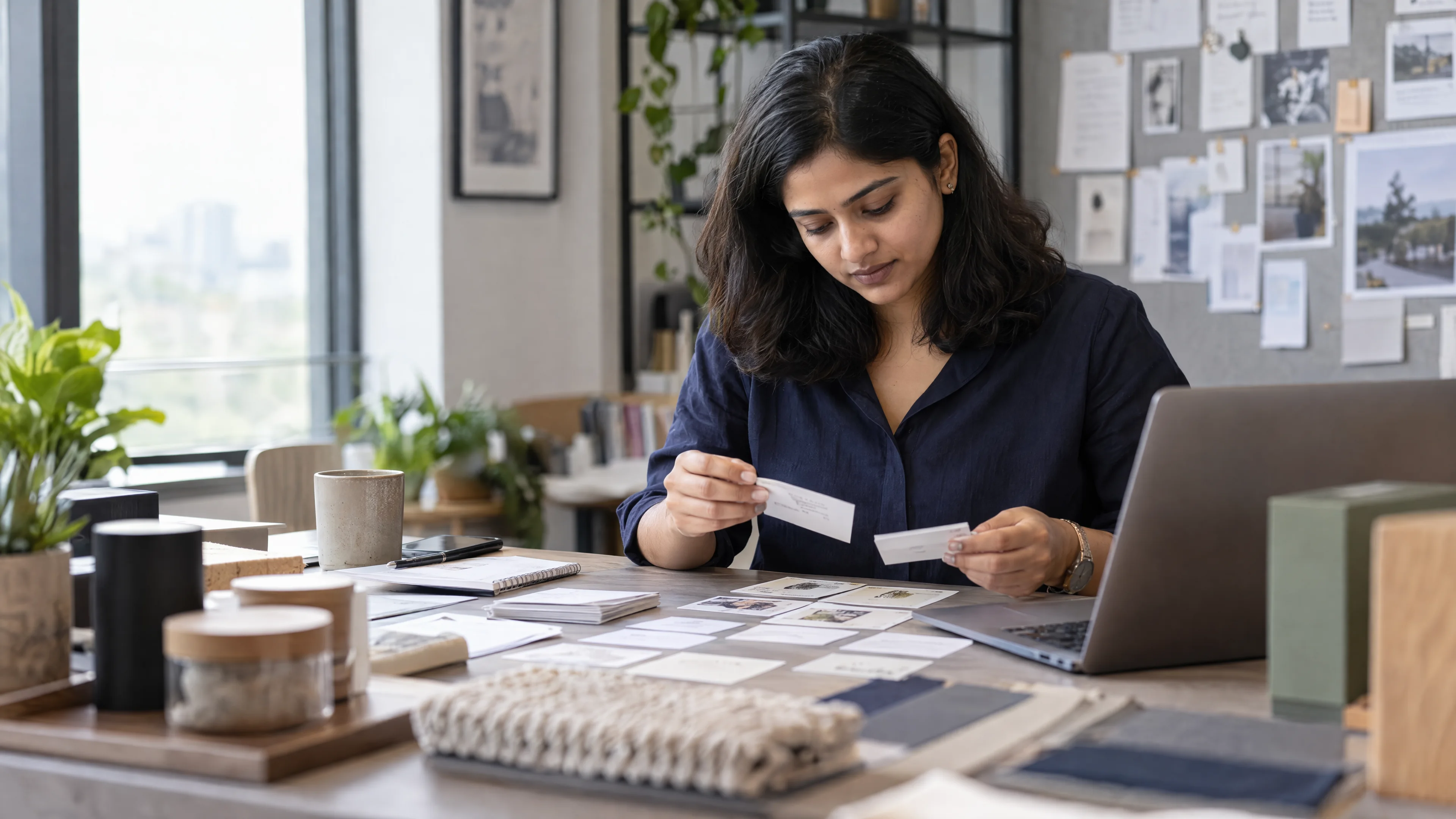 Marketing researcher organising customer research cards and product samples.