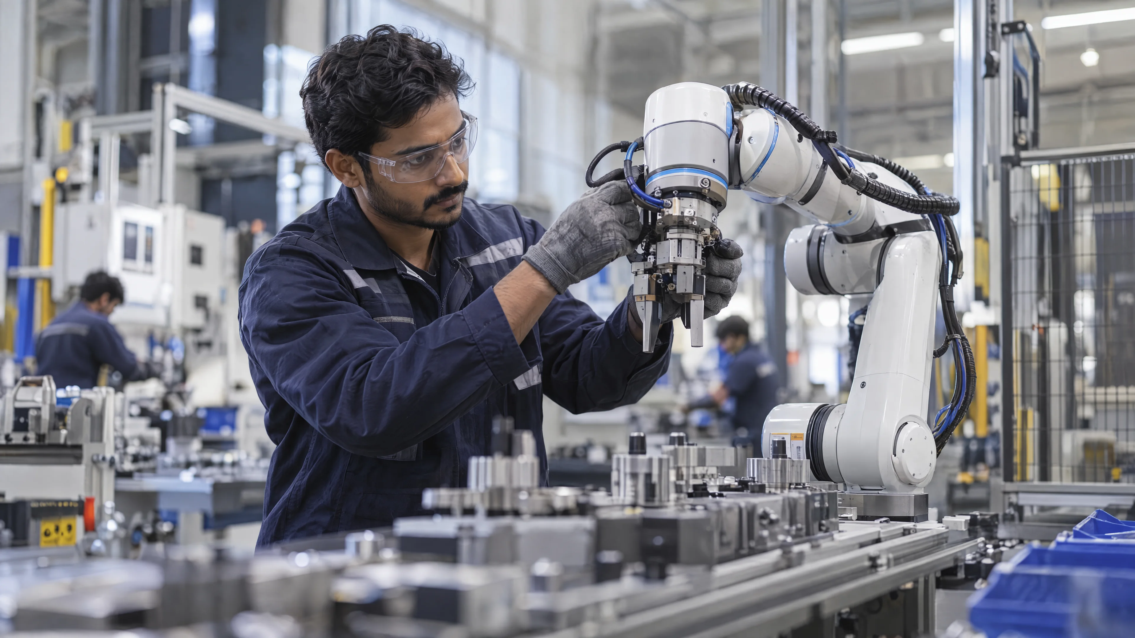 Maintenance specialist inspecting a robotic arm on a manufacturing line.
