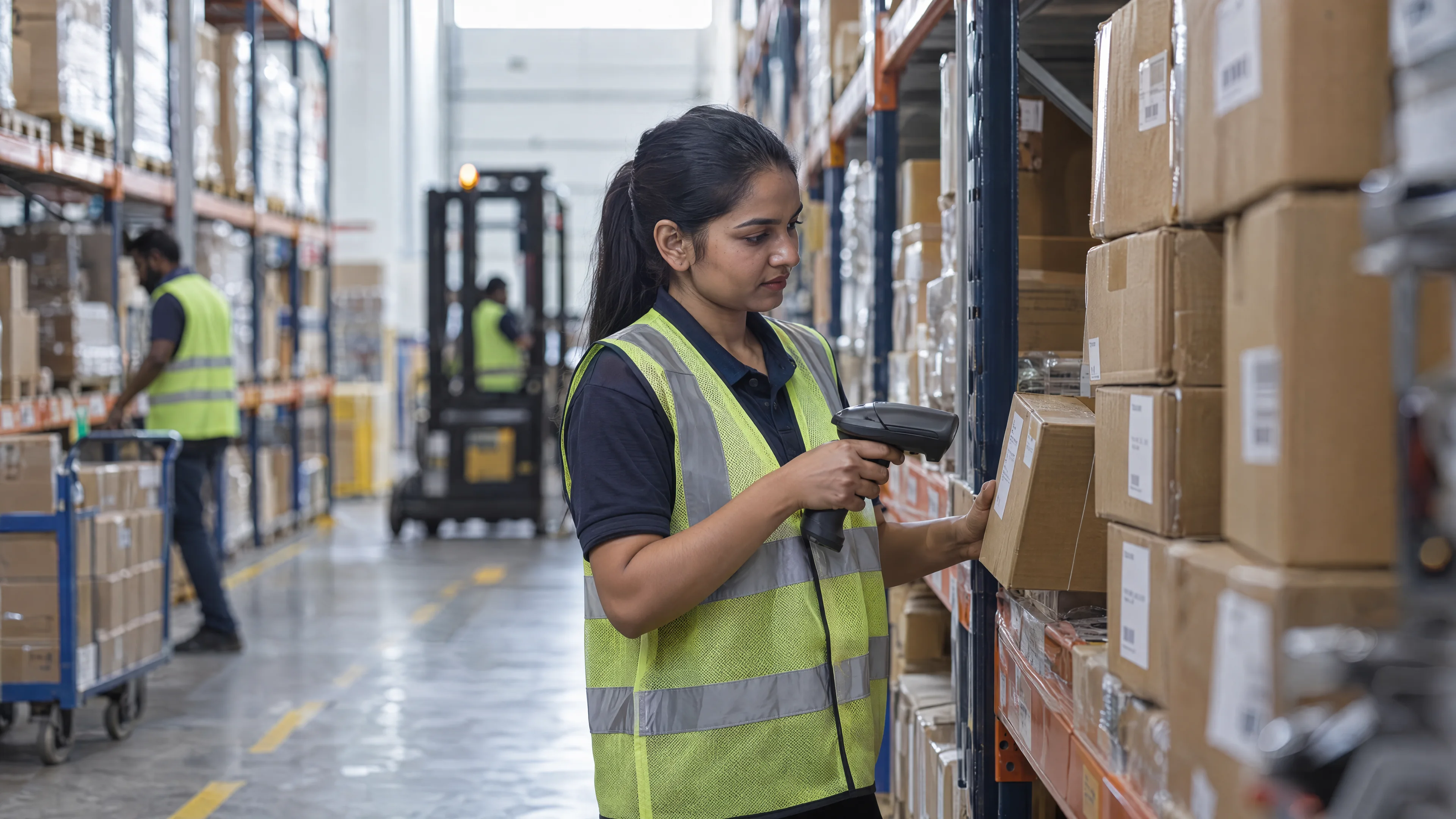 Warehouse picker using a handheld scanner in a fulfilment aisle.