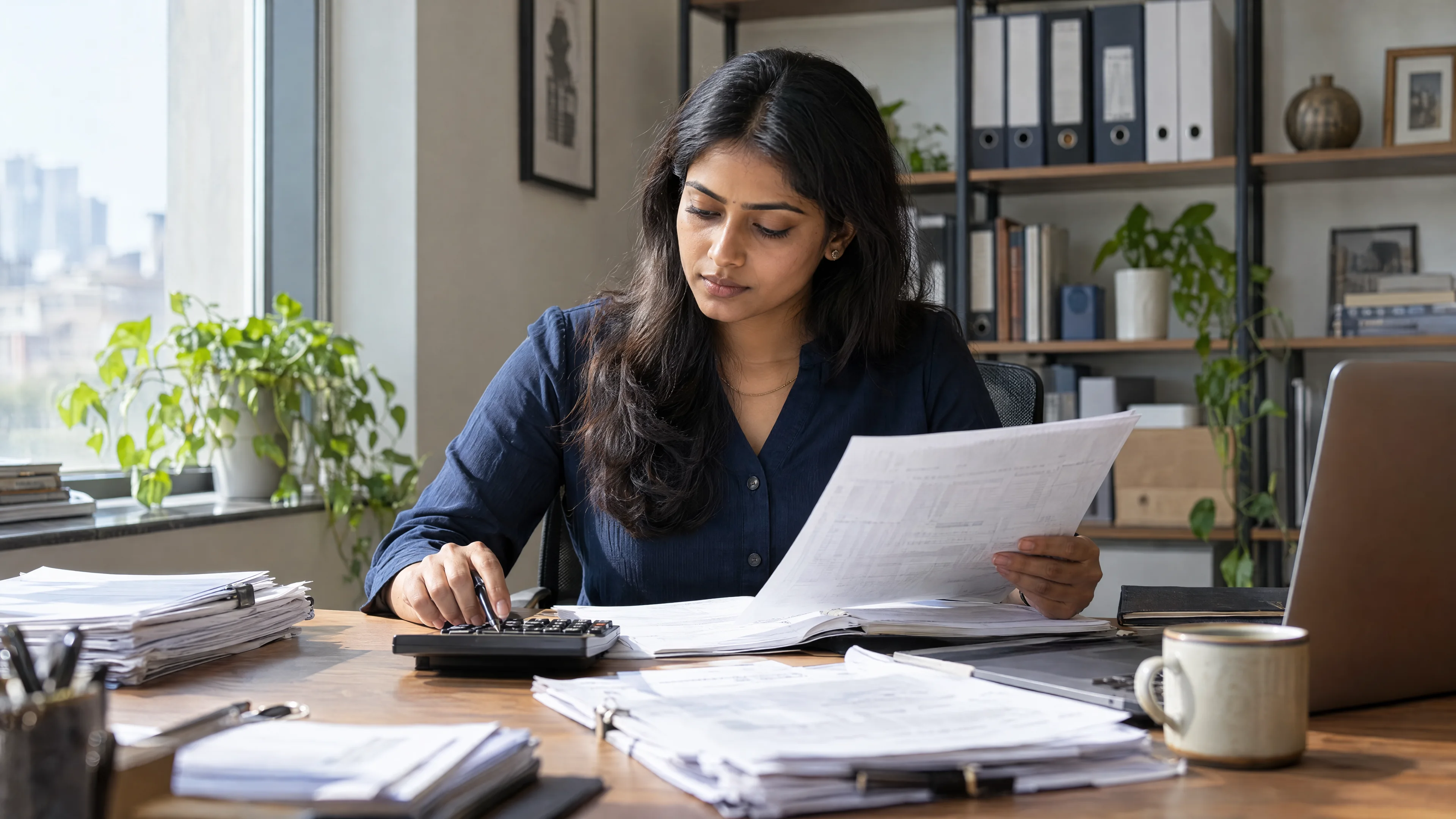 Accounting specialist reconciling transaction records at a desk.