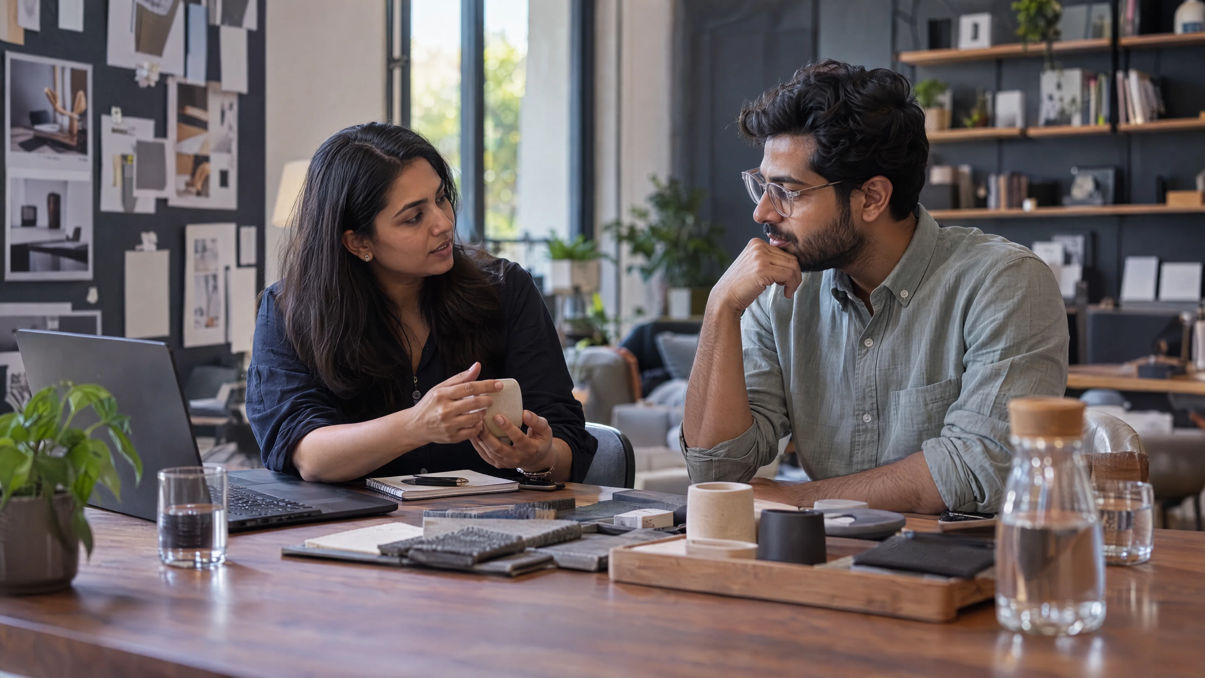 Moderator and participant discussing product samples during a research interview.