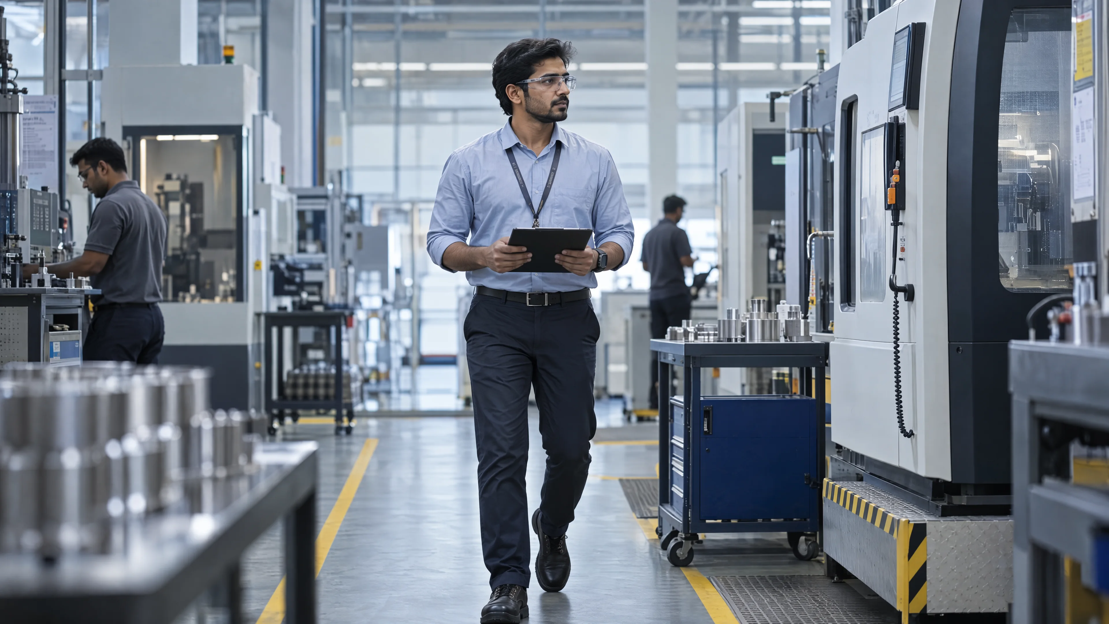 Process engineer inspecting a precision manufacturing cell.