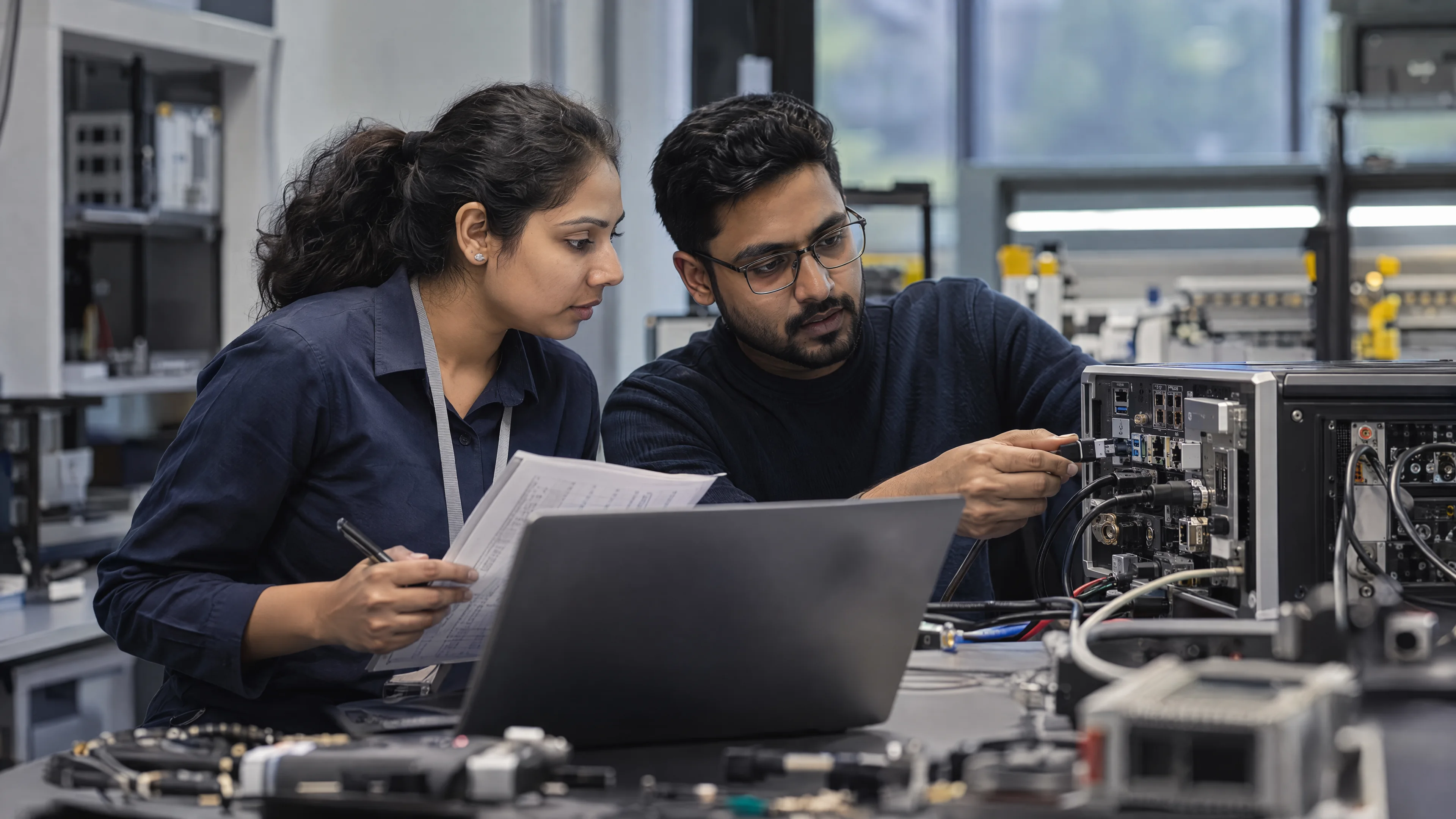 Engineers checking physical interfaces against a checklist at an integration test bench.