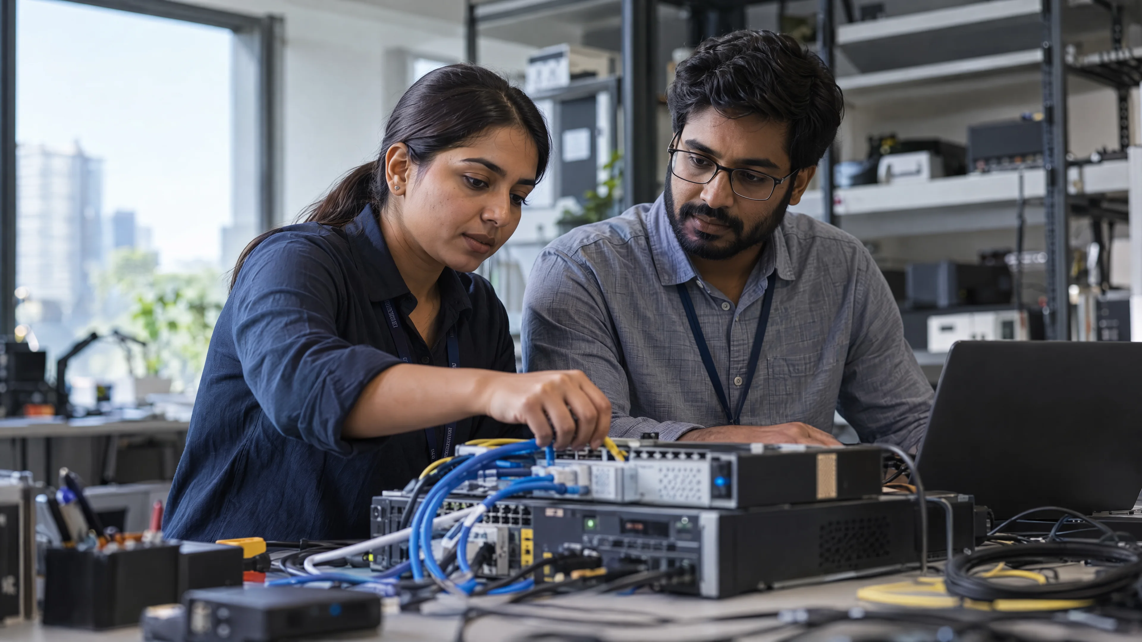 Integration engineers inspecting a network test rig.