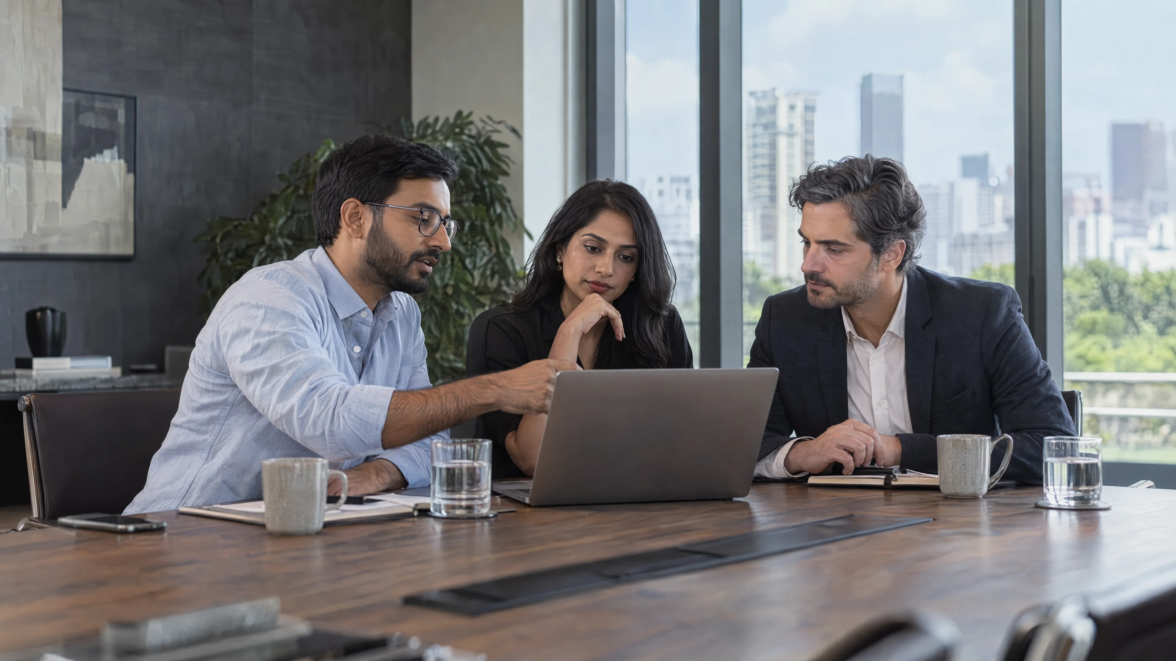 Professionals discussing a shared project around a meeting table.