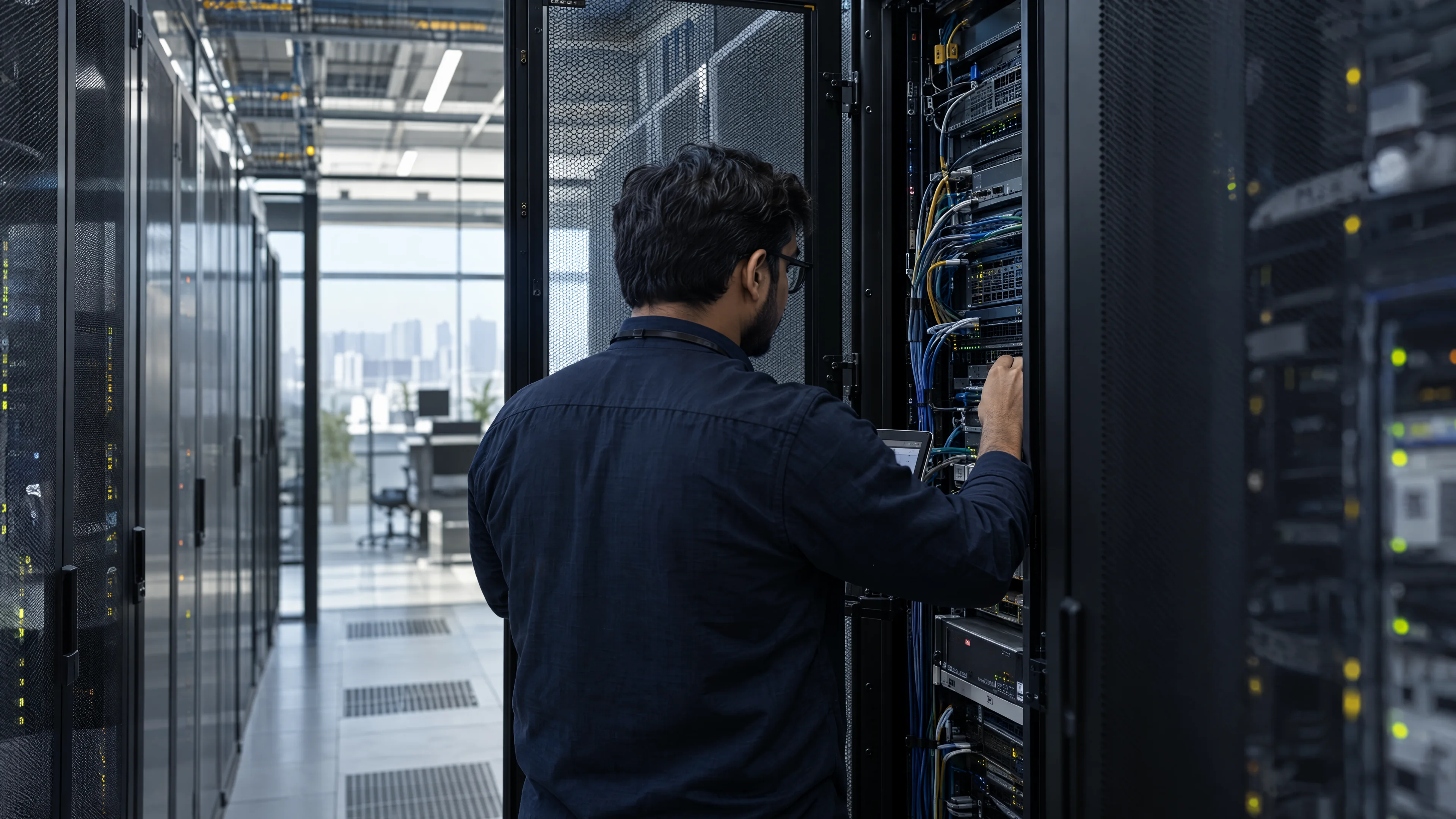 Technician inspecting server equipment in a data infrastructure room.