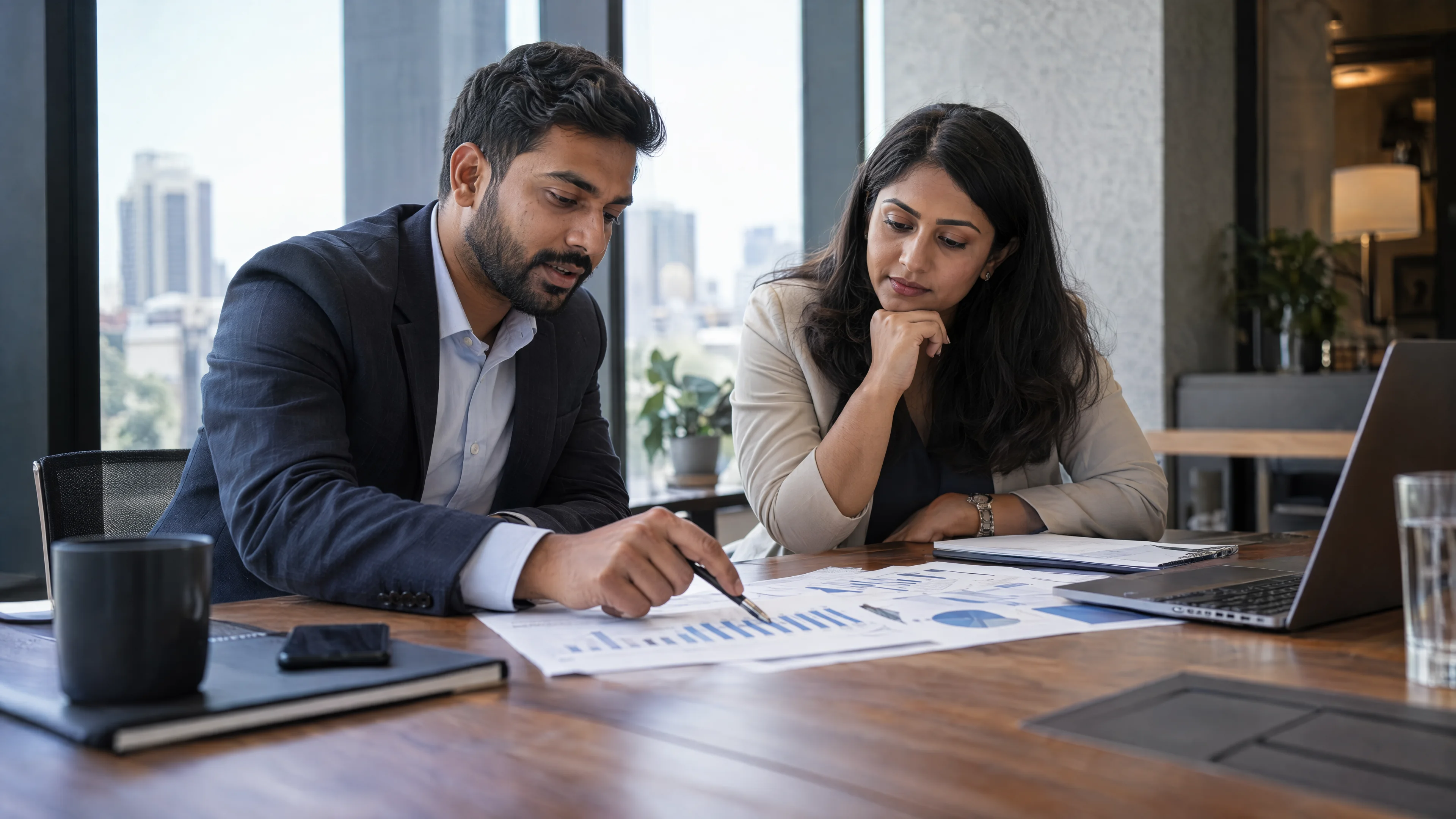 Commercial analysts comparing figures in a printed report.