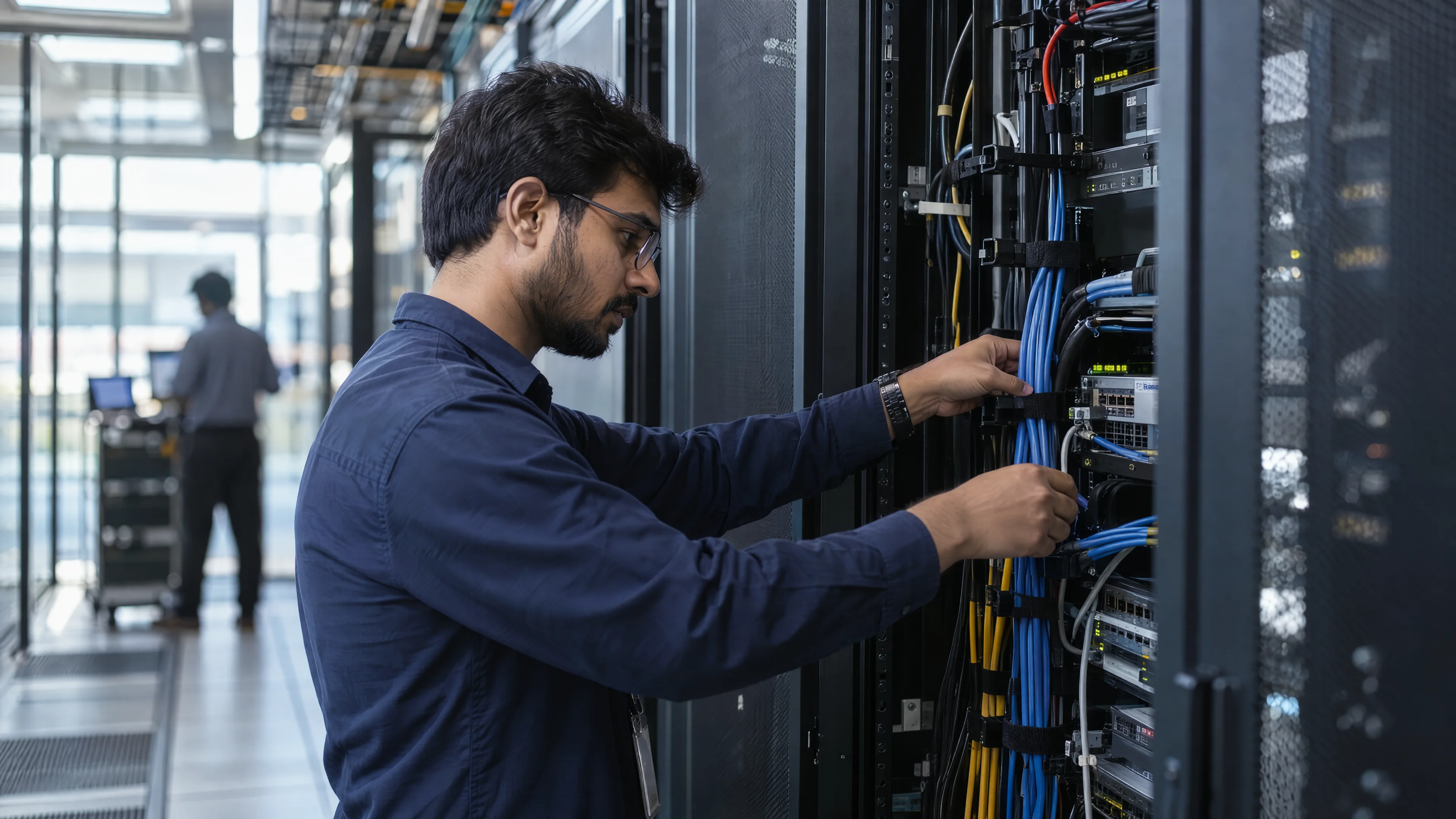 Systems engineer inspecting structured cabling in an equipment rack.