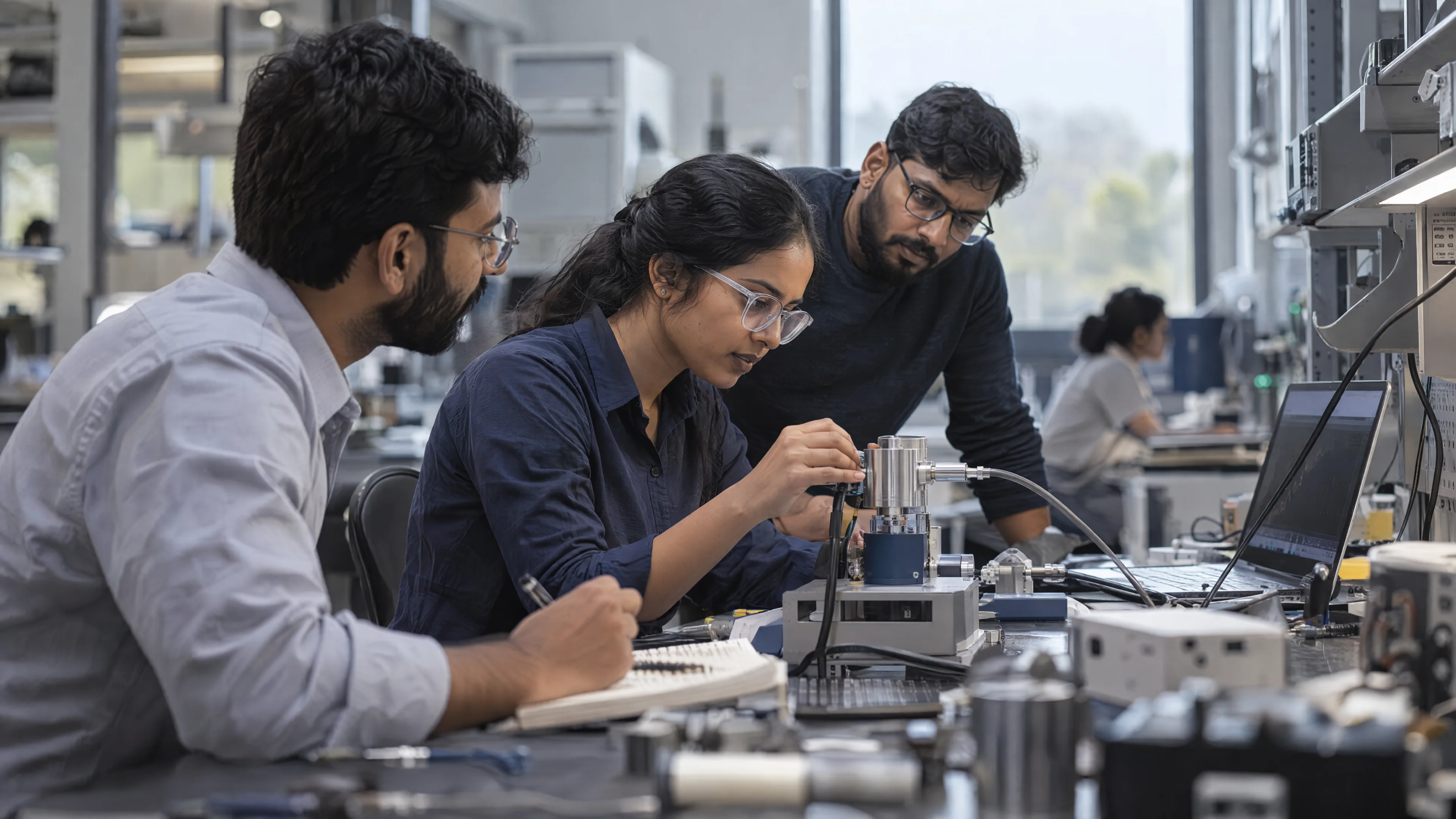Research team testing an industrial sensor at a workbench.