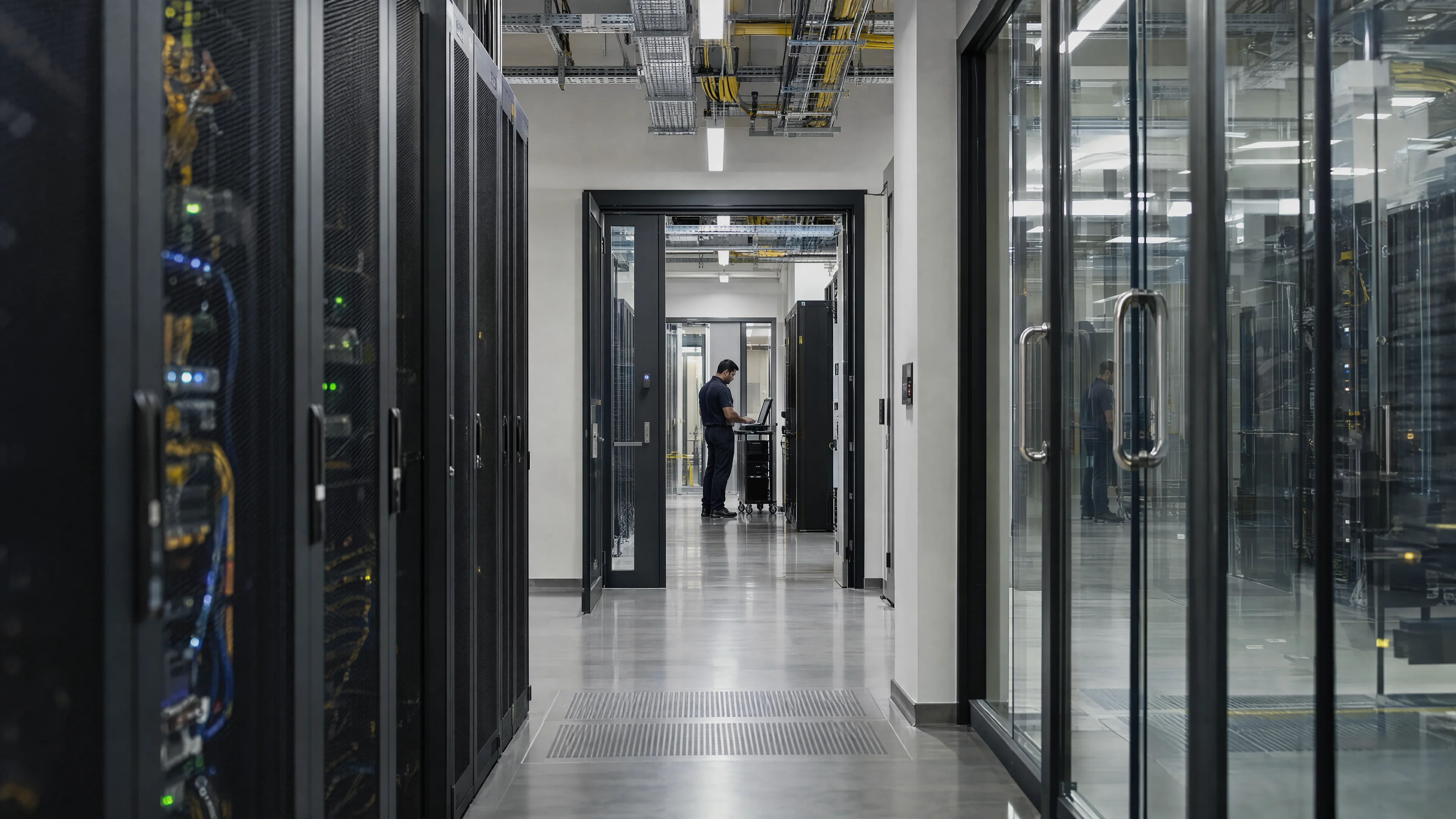 Data-centre service corridor with network infrastructure and a technician.
