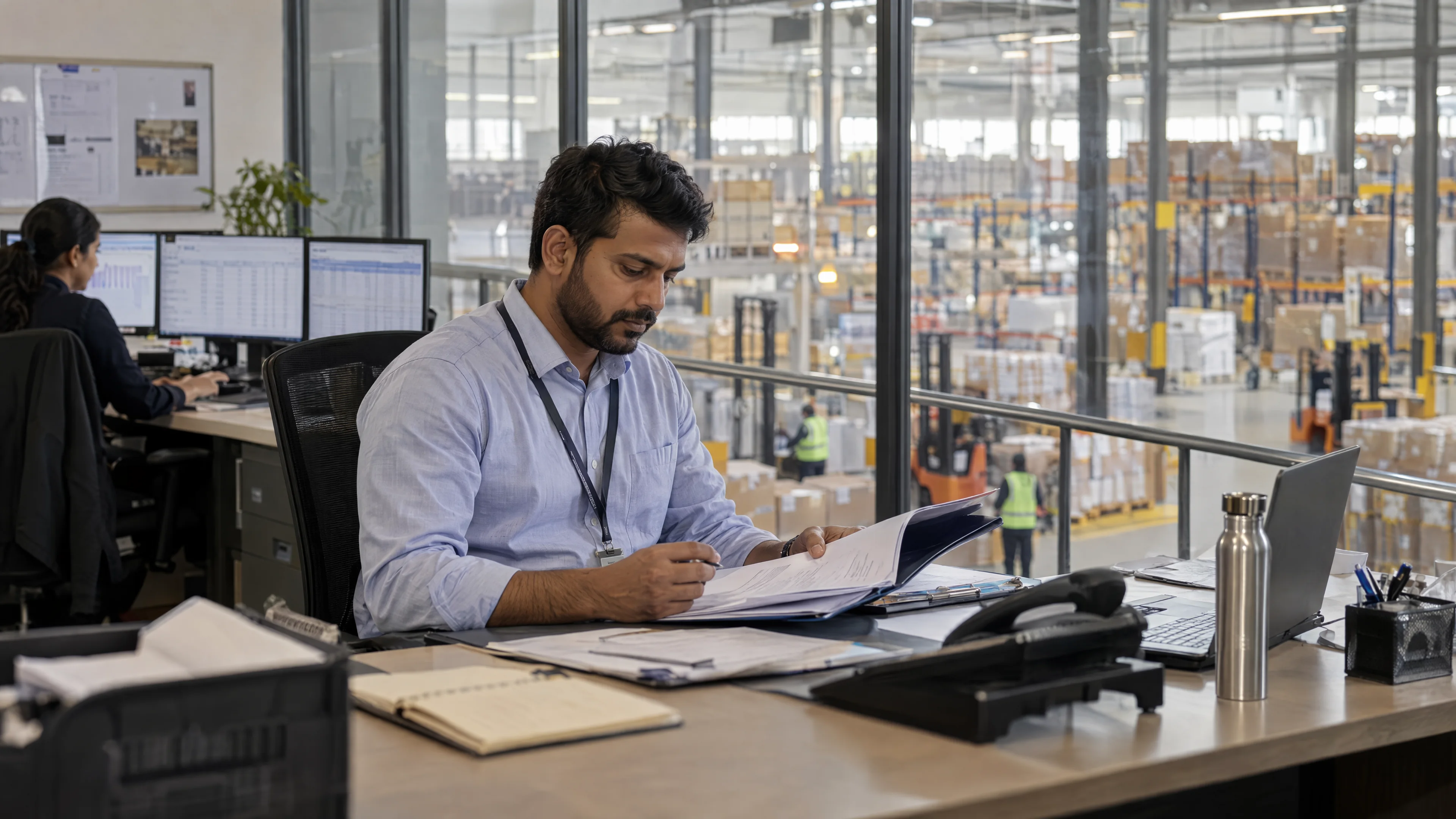 Planner reviewing an order folder in a dispatch office overlooking a warehouse.